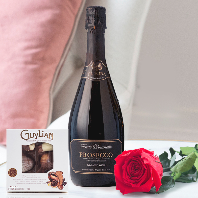 Preserved Rose, Prosecco Fidora & 65g Guylian Chocolates | Valentine's Flowers & Gifts | Flowers Delivery - Blossoming Gifts
