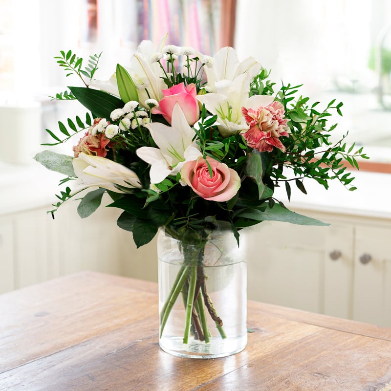 Pink Roses & White Lilies with Green Foliage | Beautiful Flowers from £18.99 | Next Day Flower Delivery UK - Blossoming Gifts