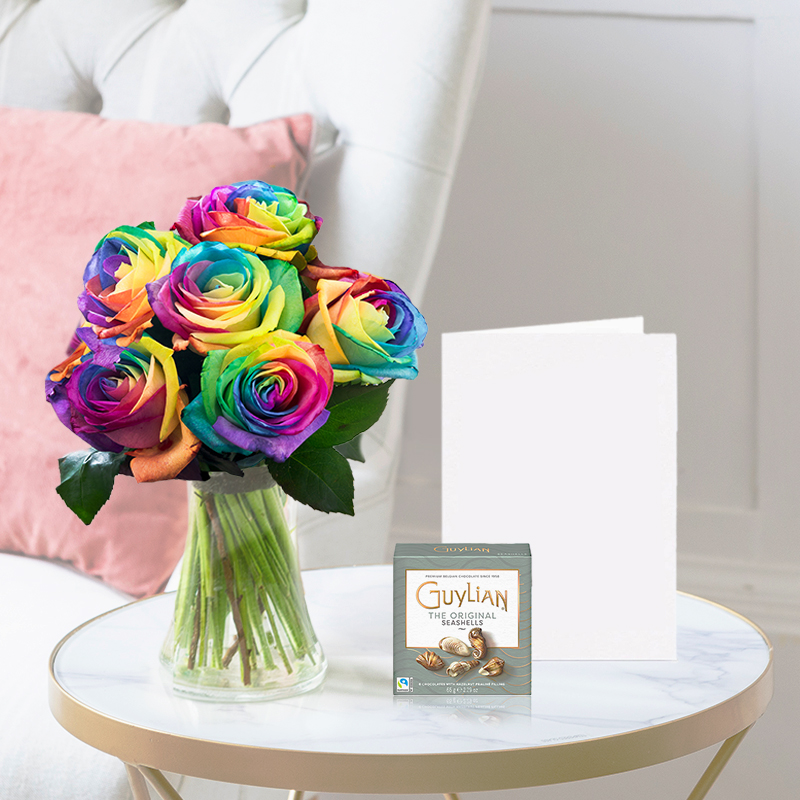 Rainbow Roses | Guylian Chocolates & Occasion Card| Next Day Flower Delivery UK - Blossoming Gifts