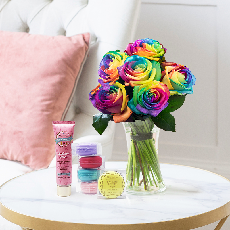 Rainbow Roses Bouquet with Lip Balms Set & Hand Cream | Romantic Gift | Next Day Flowers Delivery - Blossoming Gifts