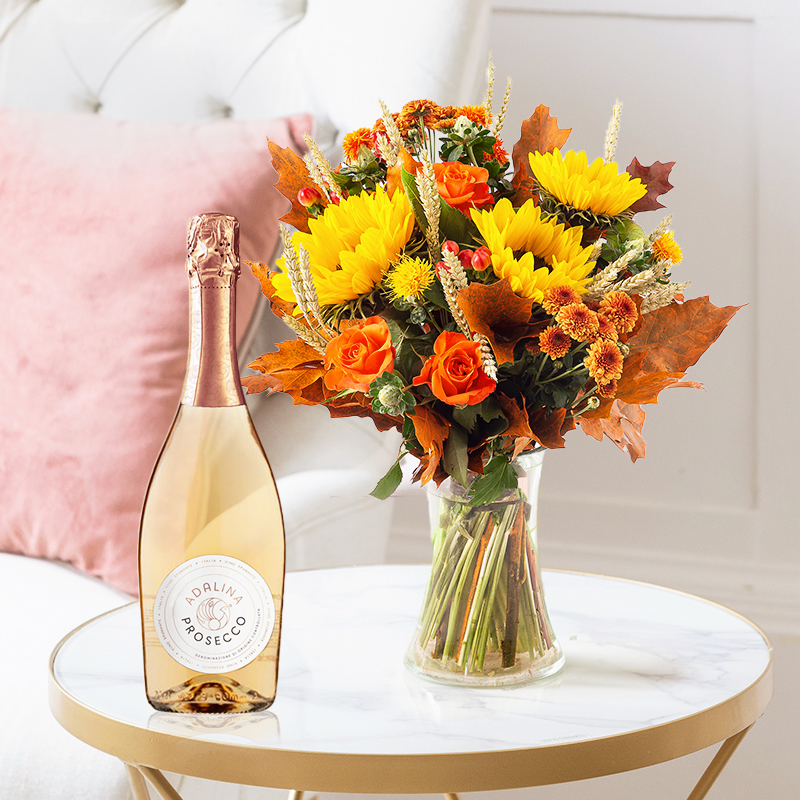 Rustic Rose and Sunflowers Bouquet with Prosecco Rosé & Vase | Romantic Gift | Next Day Flowers Delivery - Blossoming Gifts