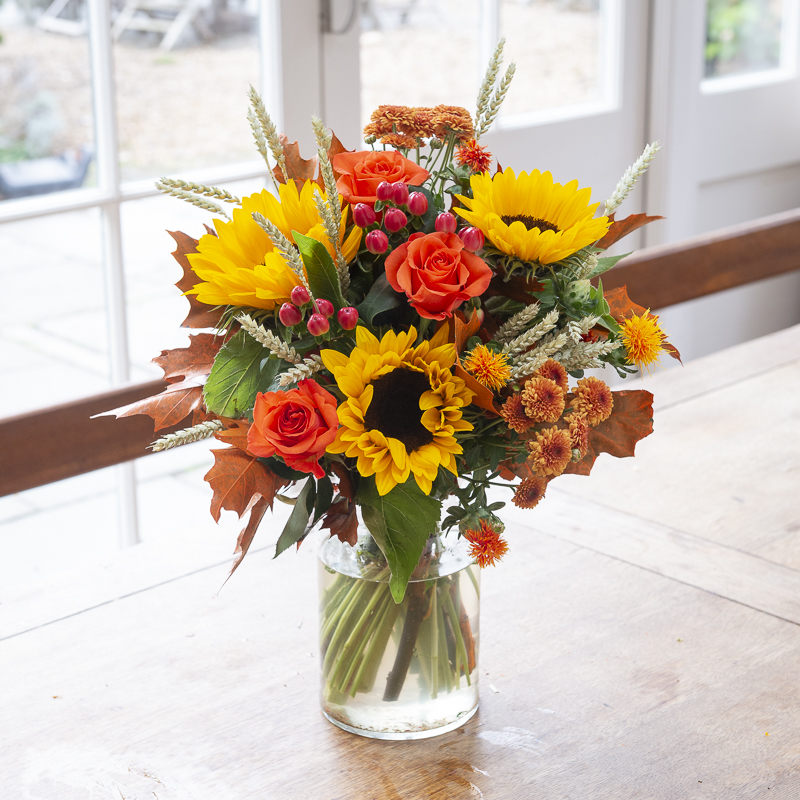Rustic Orange Roses & Sunflowers with Chrysanthemums, Oak & Wheat | Autumn Flowers | Orange & Yellow Bouquet | Flower Delivery UK - Blossoming Gifts