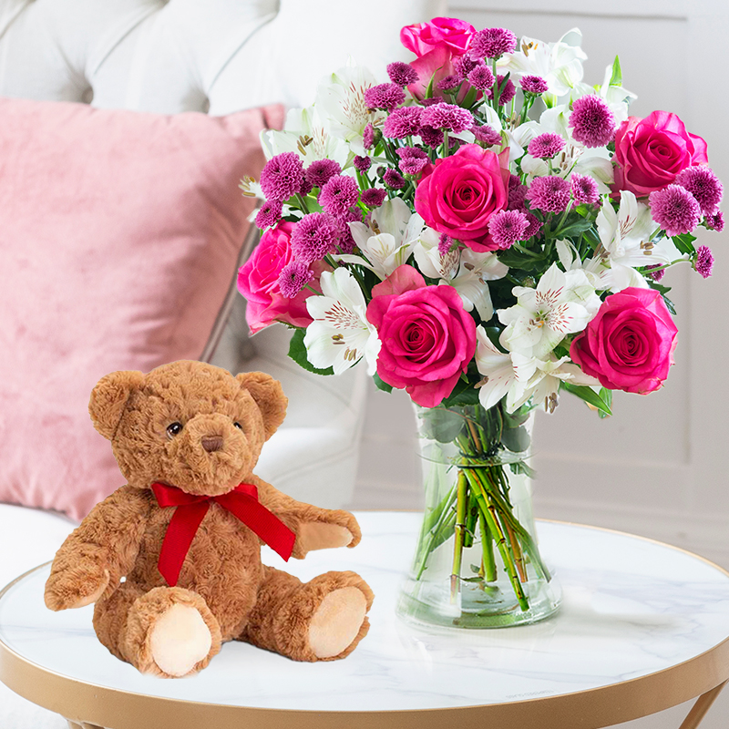 White Alstroemeria & Lilac Chrysanthemums Bouquet | Pink Bouquet, Blue Bear & Baby Boy Card | Next Day Flowers & Gifts Delivery - Blossoming Gifts