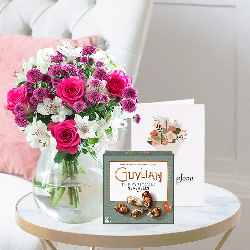 White Alstroemeria & Lilac Chrysanthemums Bouquet | Guylian Chocolates & Get Well Soon Card | Next Day Flowers & Gifts Delivery - Blossoming Gifts
