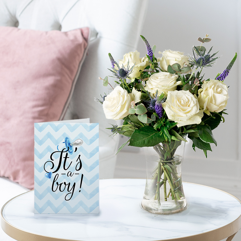White Oriental Lilies & Agapanthus Bouquet with Baby Boy Card | Romantic Gift | Next Day Flowers Delivery - Blossoming Gifts