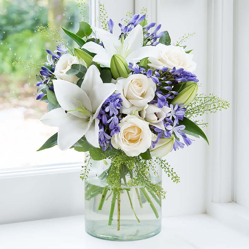 Blue & White Bouquet | White Lilies, Blue Sea Holly & White Roses | Agapanthus Bouquet | Flower Delivery UK - Blossoming Gifts