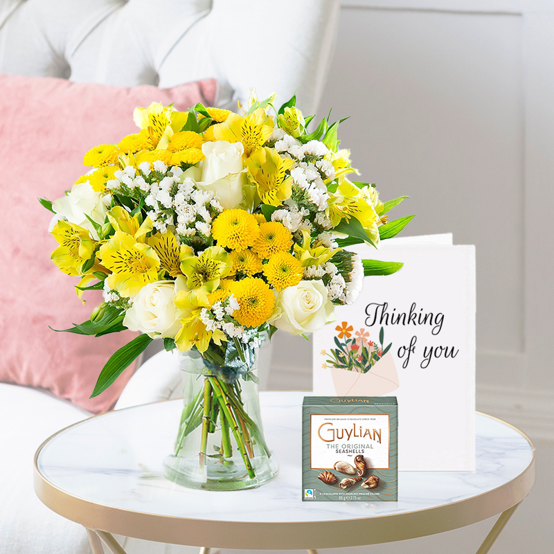 Yellow Chrysanthemum | Guylian Chocolates & Thinking of You Card | Next Day Flower Delivery UK - Blossoming Gifts
