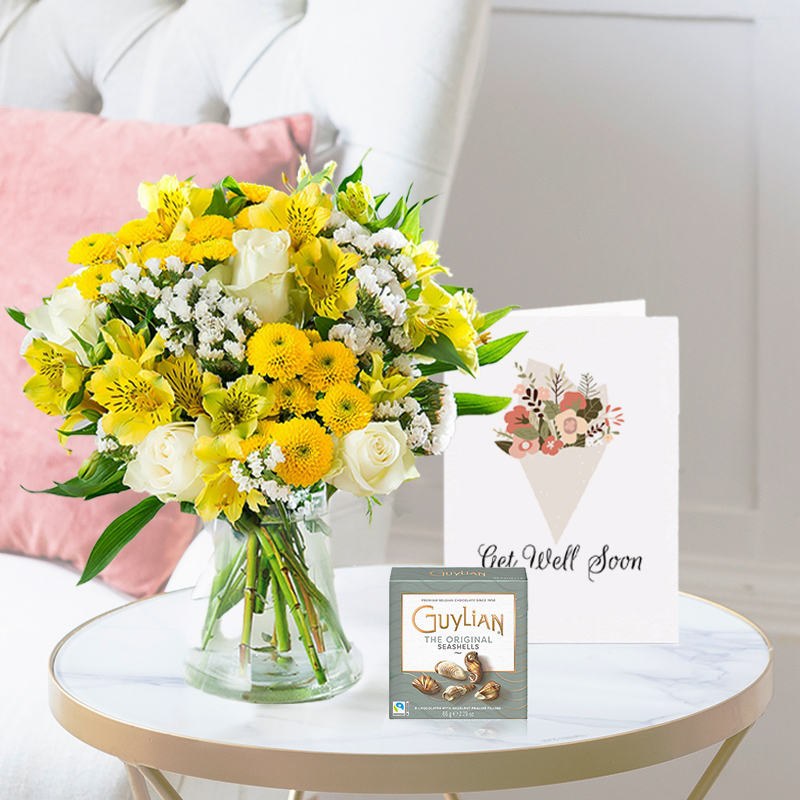 Yellow & White Flower Bouquet Vase, Guylian Chocolates & Get Well Soon Card | Next Day Flower Delivery UK - Blossoming Gifts