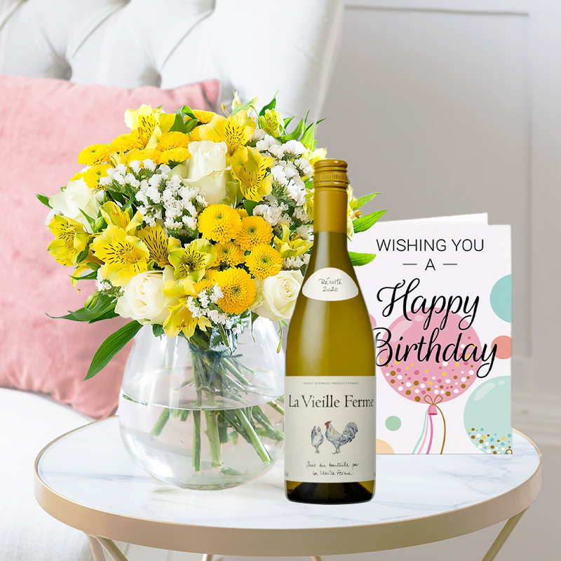 Yellow & White Flower Bouquet, La Vielle Ferme White & Birthday Card | Celebrate With A Bouquet | Next Day Flower Delivery UK - Blossoming Gifts