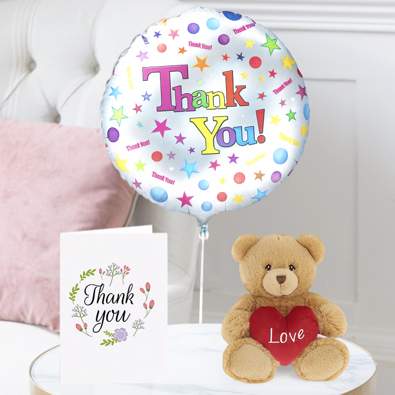 Thank You Balloon, Harry Bear with Heart Brown (20cm) & Thank You Card | Next Day Flowers Delivery - Blossoming Gifts