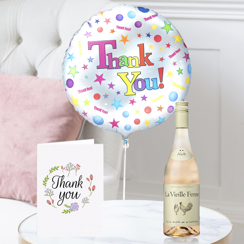 Thank You Balloon, La Vielle Ferme Rosé (75cl) & Thank You Card | Next Day Flowers Delivery - Blossoming Gifts