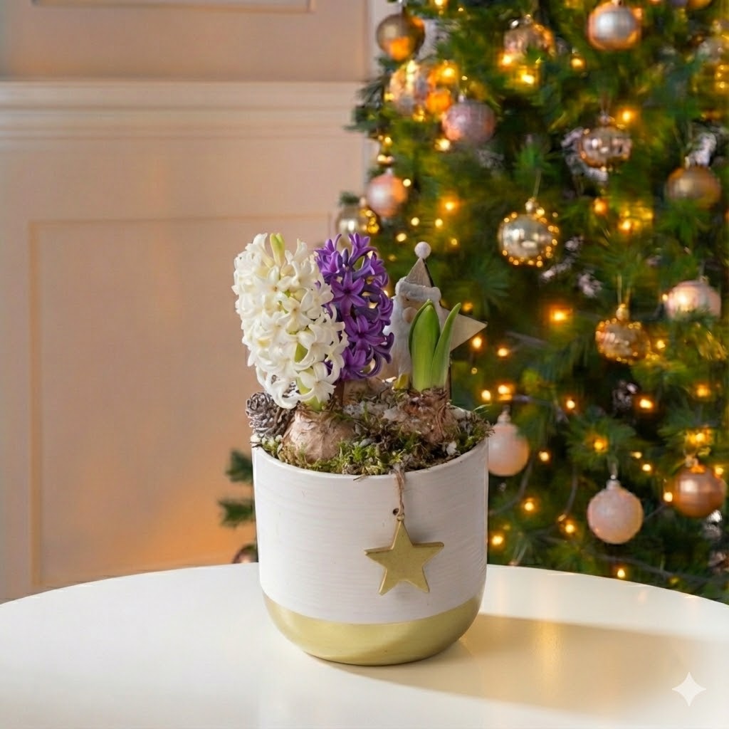 Christmas Gold Stripe Pot With Hyacinth image