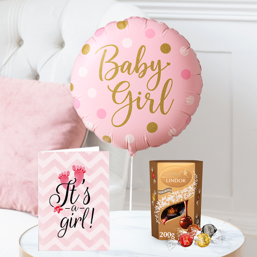 Baby Girl Balloon, Lindor Assorted Truffles (200g) & Baby Girl Card | Next Day Flowers Delivery - Blossoming Gifts